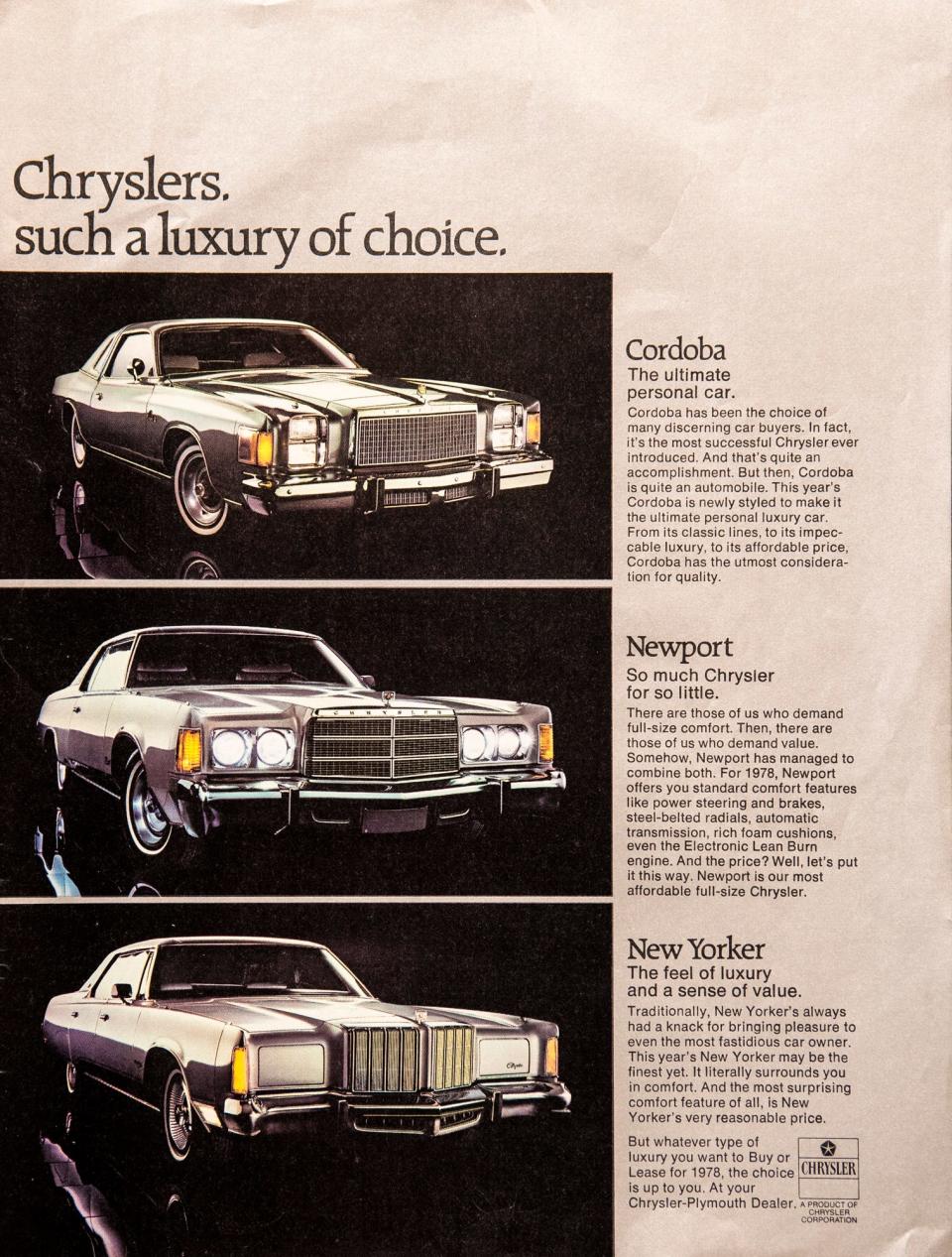 A magaine ad showcasing "luxury" Chrylers of four decades ago: the Cordoba, the Newport and the top-of-the line New Yorker.