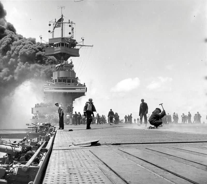 FILE PHOTO: The USS Yorktown, shortly after being hit by three Japanese bombs during the Battle of Midway