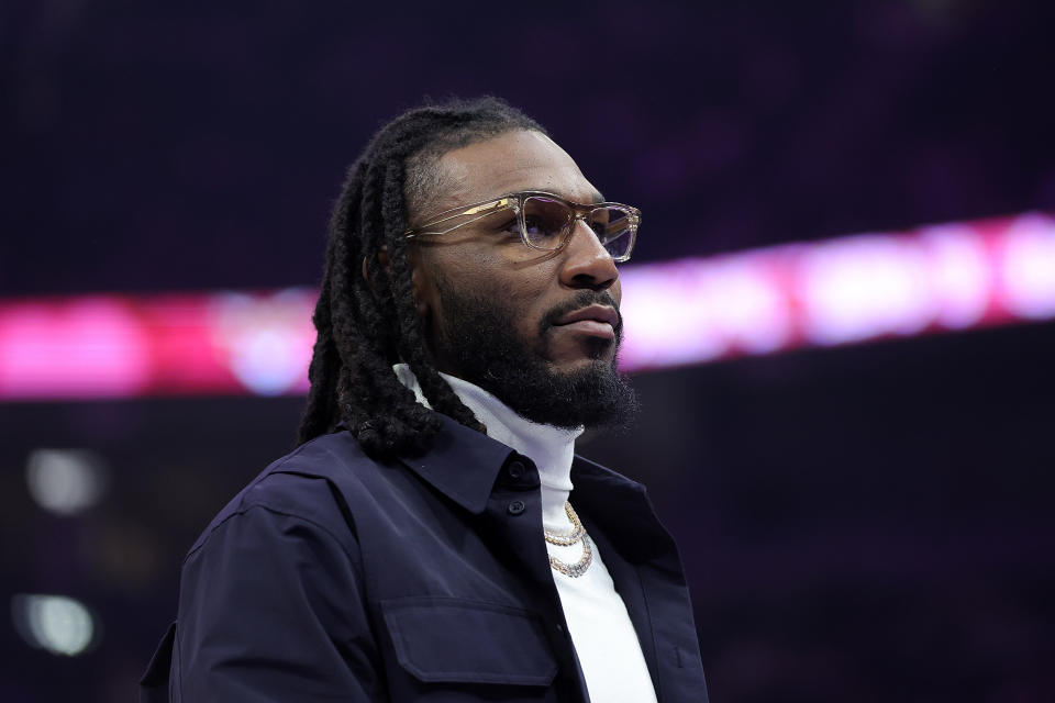 MILWAUKEE, WISCONSIN - FEBRUARY 14: Jae Crowder #99 of the Milwaukee Bucks watches action during the first half of a game against the Boston Celtics at Fiserv Forum on February 14, 2023 in Milwaukee, Wisconsin.  NOTE TO USER: User expressly acknowledges and agrees that, by downloading and or using this photograph, User is consenting to the terms and conditions of the Getty Images License Agreement. (Photo by Stacy Revere/Getty Images)