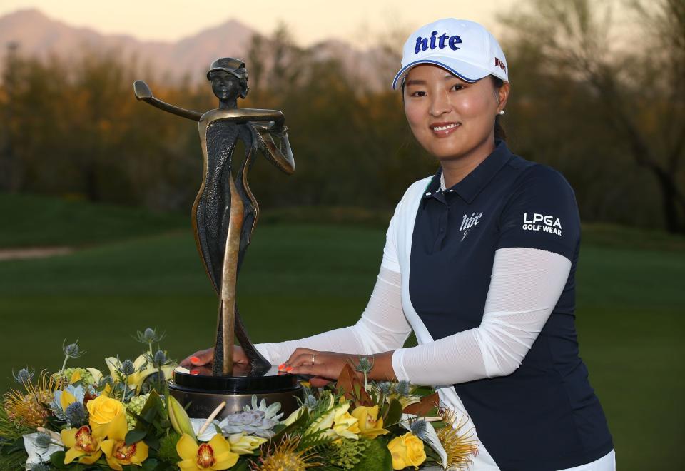 Jin Young Ko of South Korea poses with the trophy after winning the Bank of Hope Founders Cup on Mar. 24, 2019 at Wildfire Golf Club at JW Marriott in Phoenix, Ariz.