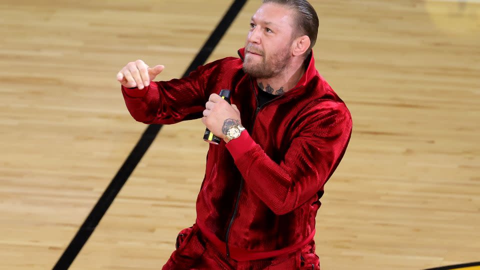 Conor McGregor is seen on the court during a timeout in Game Four of the 2023 NBA Finals between the Denver Nuggets and the Miami Heat at Kaseya Center on June 09, 2023 in Miami, Florida. - Megan Briggs/Getty Images North America/Getty Images