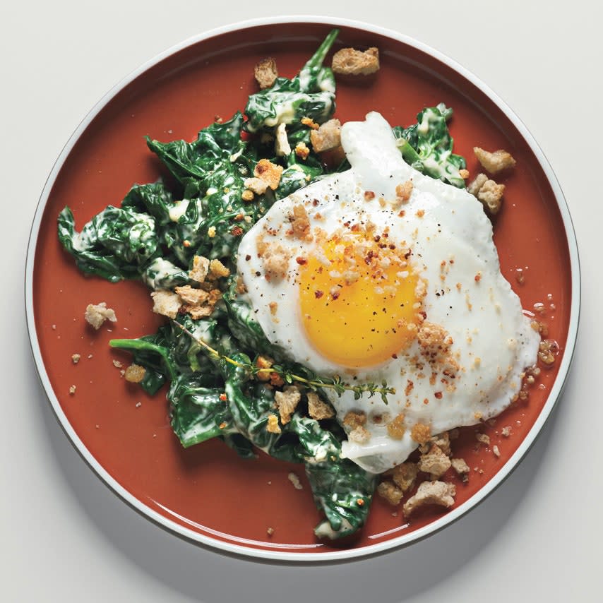 Sunny-Side-up Eggs on Mustard-Creamed Spinach with Crispy Crumbs