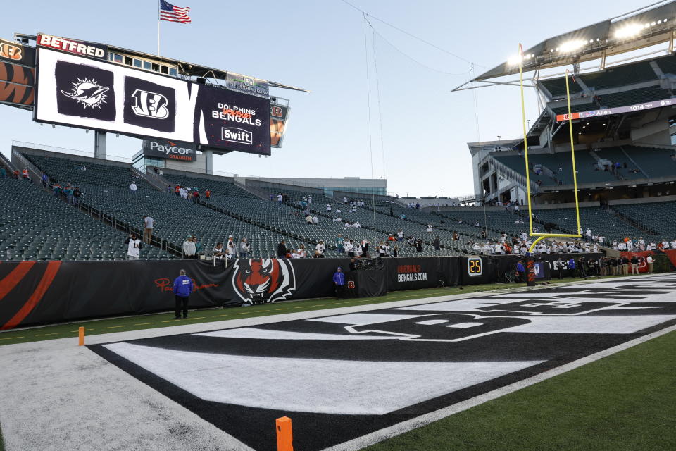 The Cincinnati Bengals painted the end zone white for Thursday's game. (AP Photo/Matt Patterson)