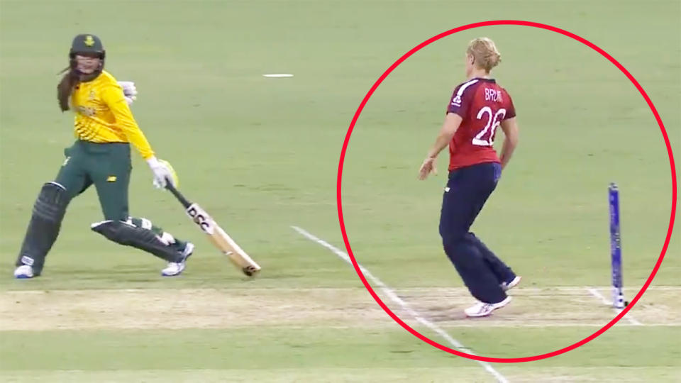 Catherine Brunt, pictured here choosing not to affect the Mankad at the Women's T20 World Cup.