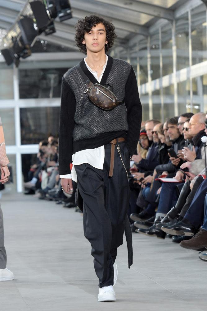 One of the many V-necks on the Louis Vuitton catwalk, Paris fashion week, 2017.