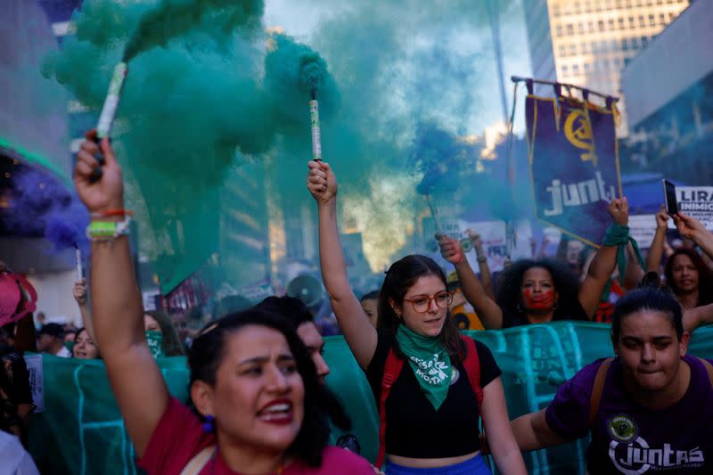 Protest against a bill that would equate abortion carried out after 22 weeks of pregnancy with the crime of murder, in Sao Paulo