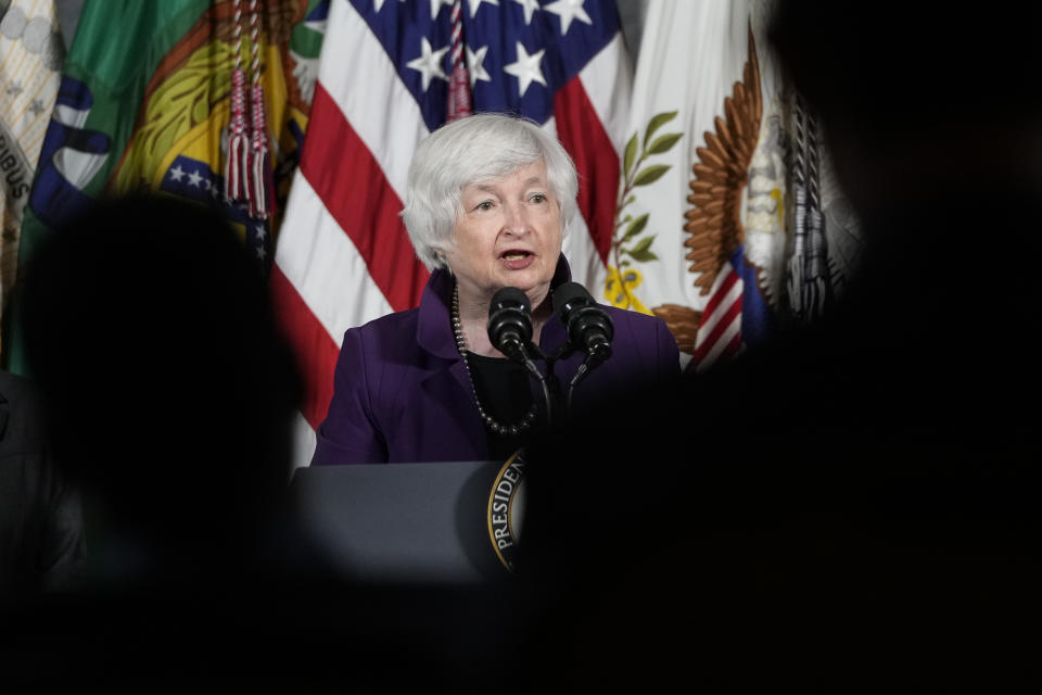 WASHINGTON, DC - SEPTEMBER 15: Treasury Secretary Janet Yellen  speaks during an event at the U.S. Department of the Treasury on September 15, 2021 in Washington, DC. The event focused on the Biden administration's proposed investments in childcare. (Photo by Drew Angerer/Getty Images)