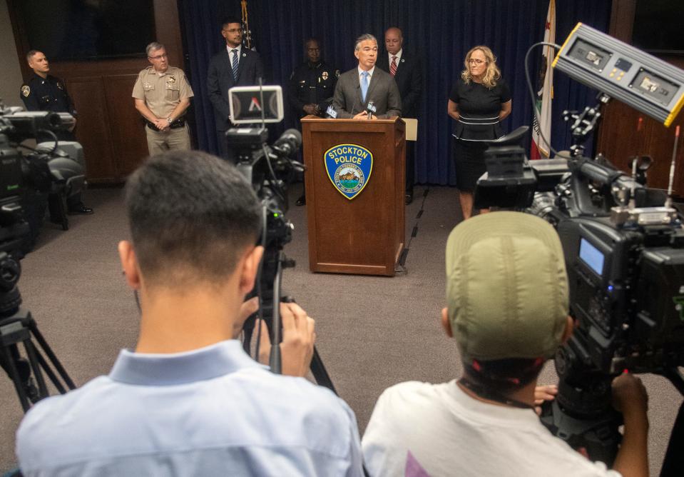 California State Attorney General Rob Bonta speaks at a news conference at the Stockton Police Department in downtown Stockton on Thursday, June 2, 2022, concerning the results of Operation Hybrid Havoc, which targeted guns and gangs in the Stockton area.