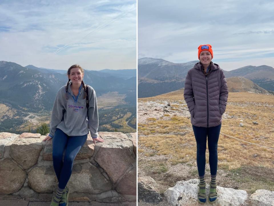 Side-by-side images of the author slowly layering up on her visit to Rocky Mountain National Park.