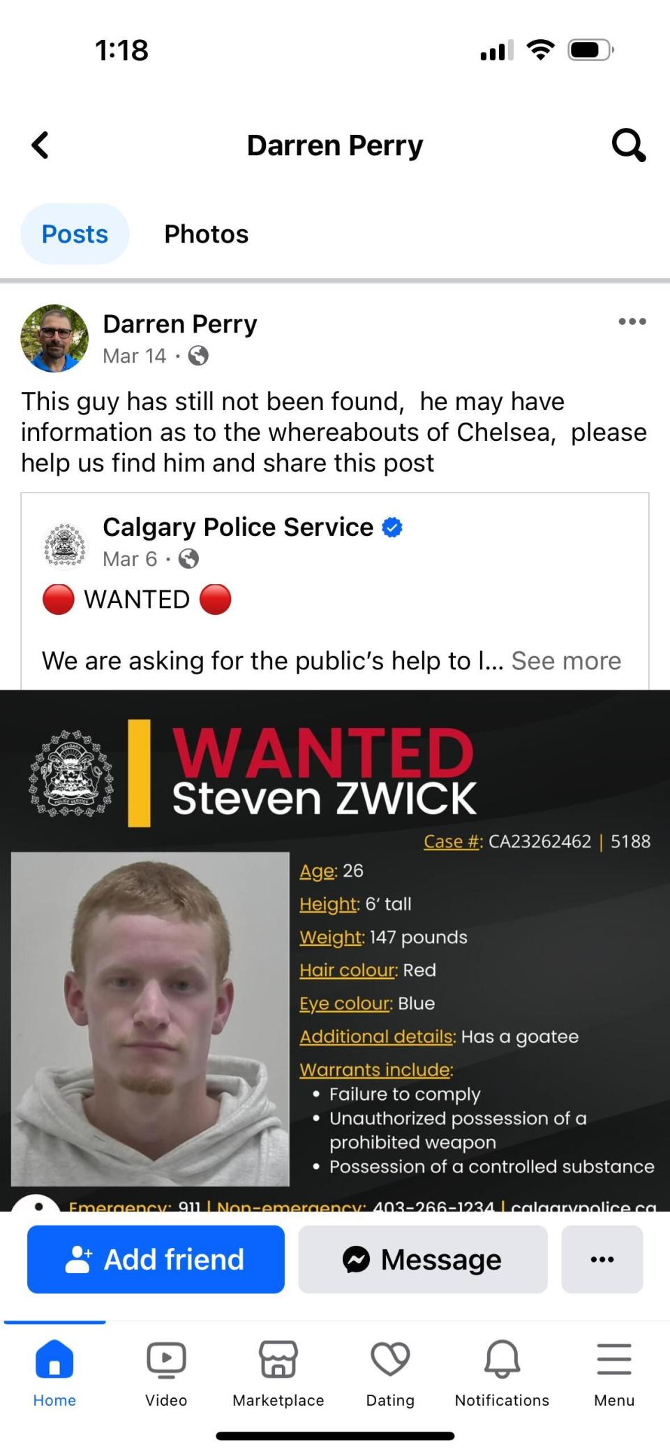 Calgary police posted this 'wanted' poster asking the public for help finding Steven Zwick, who was wanted for drug, weapons and fail to comply charges. Zwick is now charged with murder. 