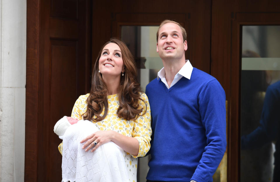 Photo by: KGC-03/STAR MAX/IPx 5/2/15 The Princess of Cambridge is seen outside the Lindo Wing of St. Mary's Hospital with her parents Prince William The Duke of Cambridge and Catherine The Duchess of Cambridge.  The Princess was born on Saturday, May 2nd, 2015 at 8:34 AM weighing 8lbs. 3oz. (Star Max/IPX via AP Images)