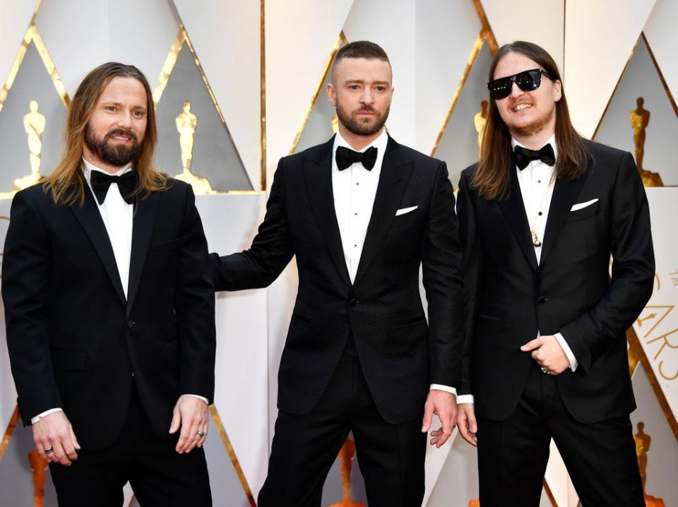 Max Martin (left) with Justin Timberlake and producer Shellback at the Grammy Awards (Getty)