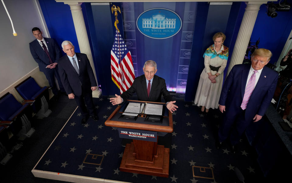 Dr. Anthony Fauci flanked by Vice President Mike Pence, White House coronavirus response coordinator Dr. Deborah Birx and President Trump