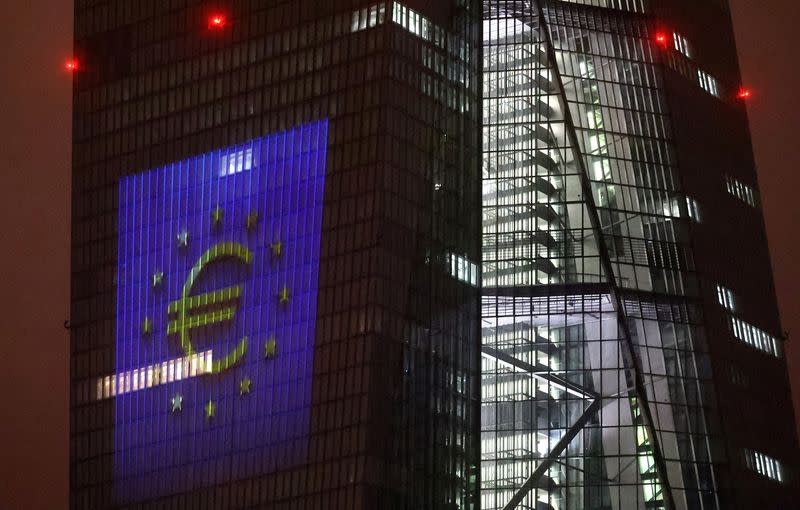 FILE PHOTO: Sun sets over the skyline and ECB headquarters in Frankfurt