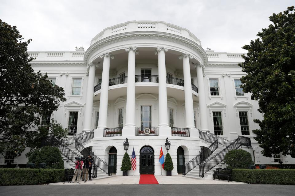 The South Portico is prepared for President Donald Trump to greet Mongolian President Khaltmaa Battulga on the South Lawn of the White House, Wednesday, July 31, 2019, in Washington.