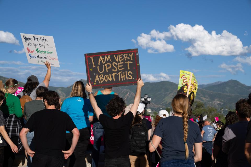 Protesters are seen with mountains in the background.