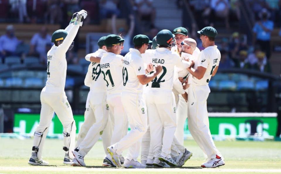 Australia celebrate the wicket of Ben Stokes (Jason O&#x002019;Brien/AP) (PA Wire)