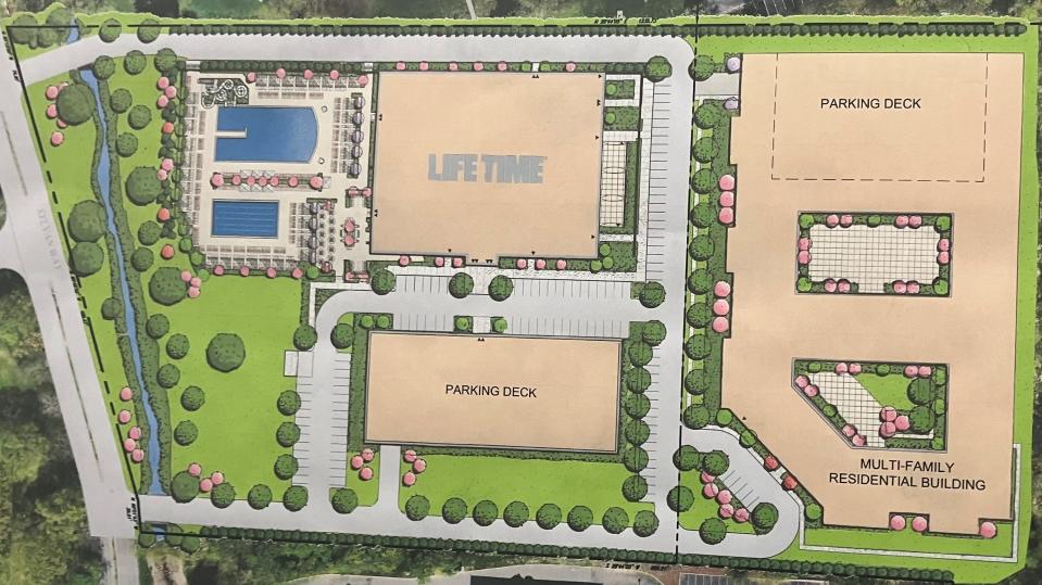 A rendering of a proposed mixed-use project featuring a Lifetime Fitness facility and multi-unit housing, to replace vacant office buildings in Parsippany, seen at a council meeting on Tuesday, Nov. 21, 2023.