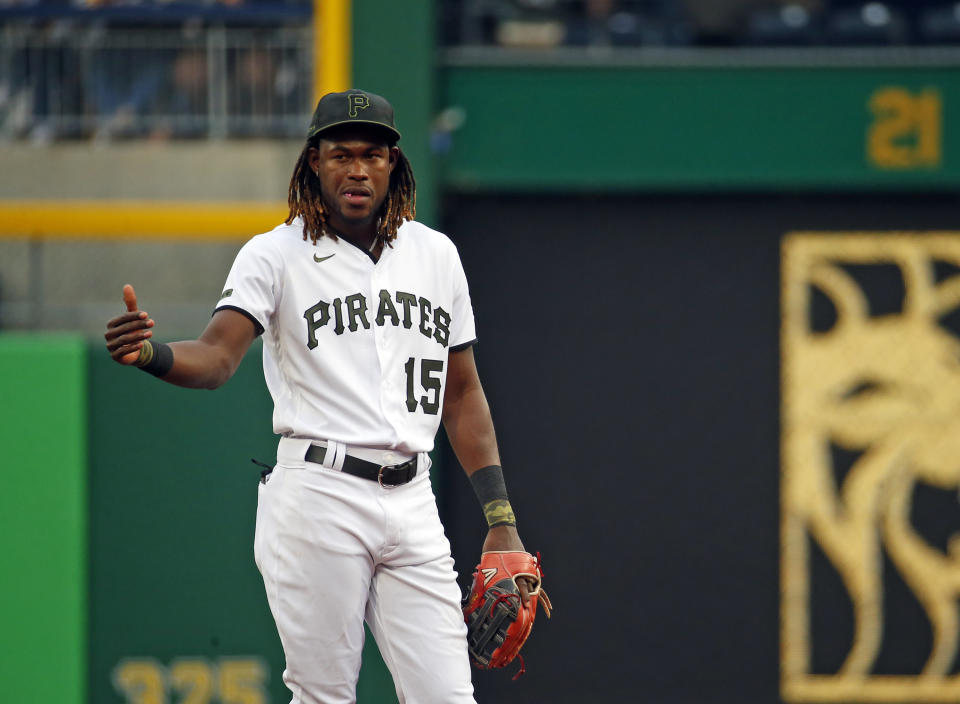 PITTSBURGH, PA - JUNE 20:  Oneil Cruz #15 of the Pittsburgh Pirates looks on against the Chicago Cubs during the game at PNC Park on June 20, 2022 in Pittsburgh, Pennsylvania.  (Photo by Justin K. Aller/Getty Images)