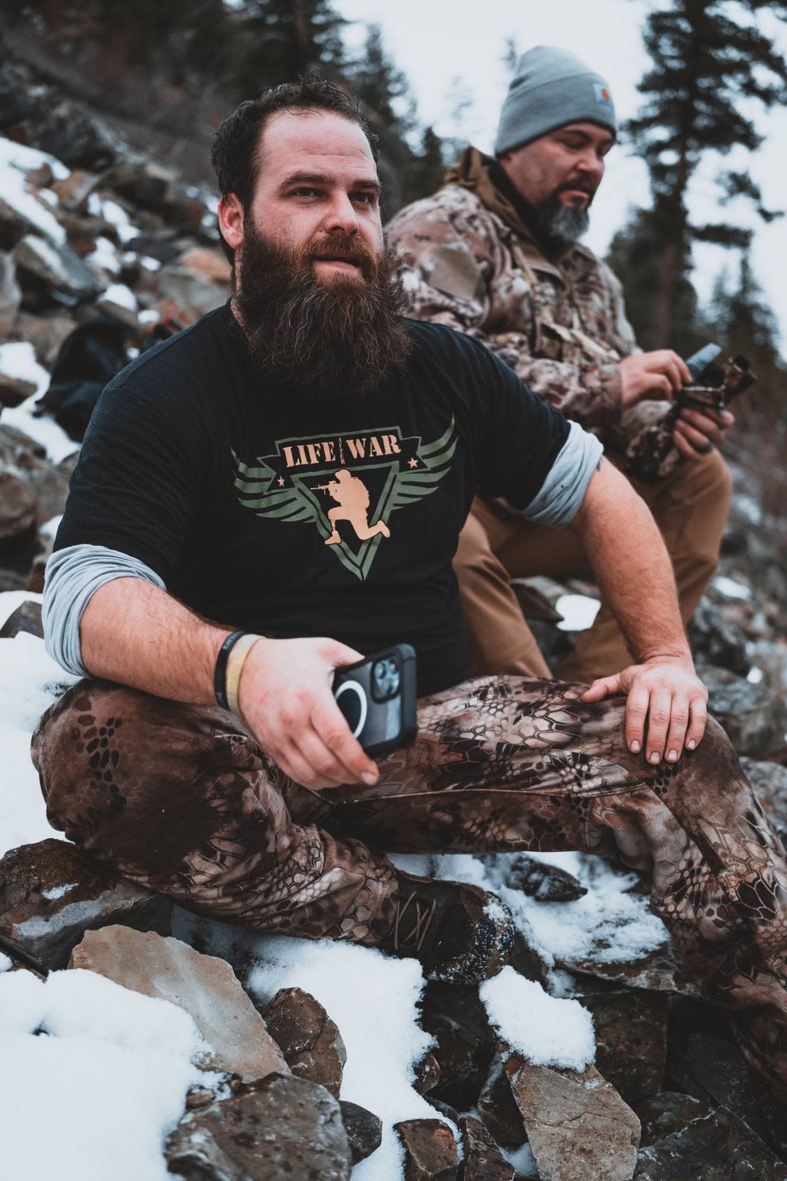 Mike Bushfield, of Kuna, takes a break from bison hunt in Montana earlier this year with Wishes 4 Warriors, a veteran-run nonprofit organization that provides outdoor adventures and recreational therapy for combat-wounded veterans.