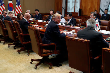 U.S. President Donald Trump participates in bilateral meetings with South Korea's President Moon Jae-in at the Blue House in Seoul, South Korea November 7, 2017. REUTERS/Jonathan Ernst