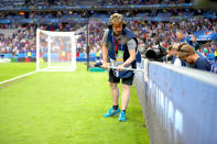 <p>Moths are swept off the advertising boards by a member of staff during the 2016 match. </p>