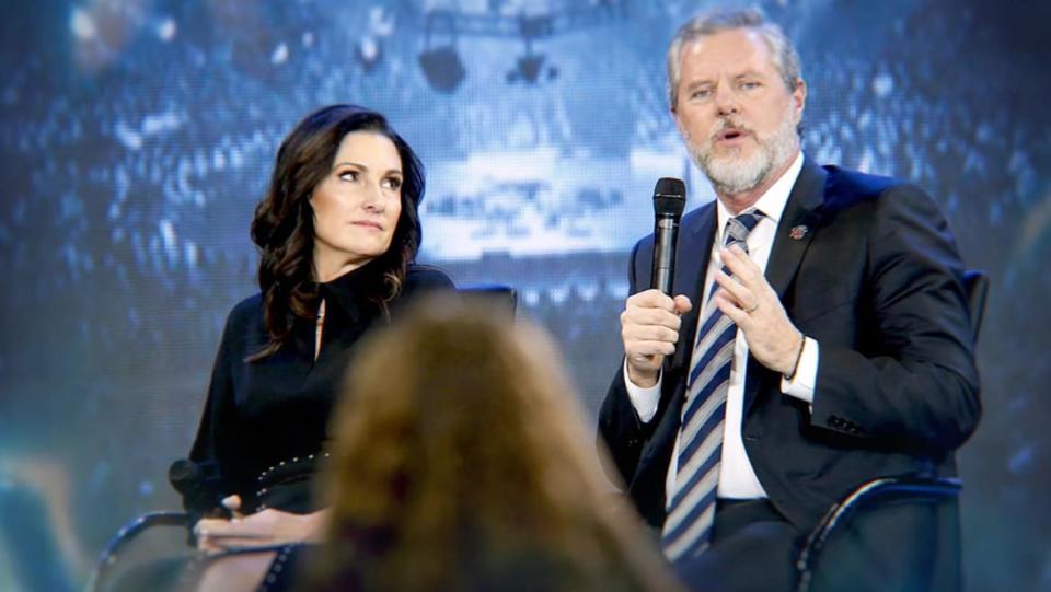 <div class="inline-image__caption"><p>Becki and Jerry Falwell Jr. in <em>God Forbid: The Sex Scandal That Brought Down A Dynasty</em>, a new Hulu documentary. </p></div> <div class="inline-image__credit">AP Photo/Steve Helber/Hulu</div>