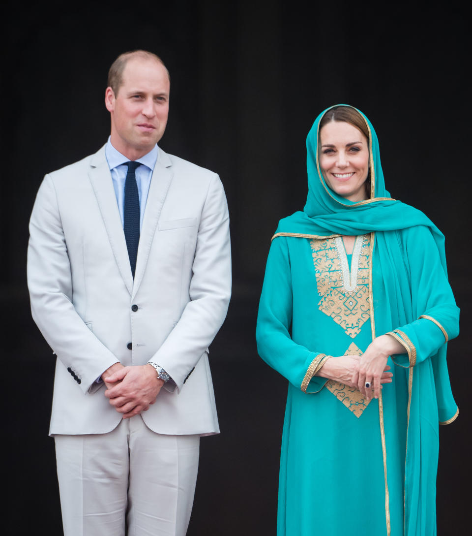 A photo of Prince William, Duke of Cambridge and Catherine, Duchess of Cambridge at the Badshahi Mosque on October 17, 2019 in Lahore, Pakistan.