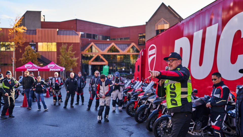 Instructions being given to riders about to participate in the 2022 Ducati Giro Alpino in Colorado.