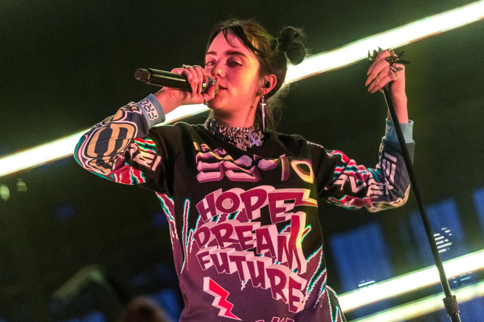 NEW YORK, NY - JUNE 18:  Billie Eilish performs live on the Rooftop at Pier 17 on June 12, 2019 in New York City.  (Photo by Steven Ferdman/Getty Images)