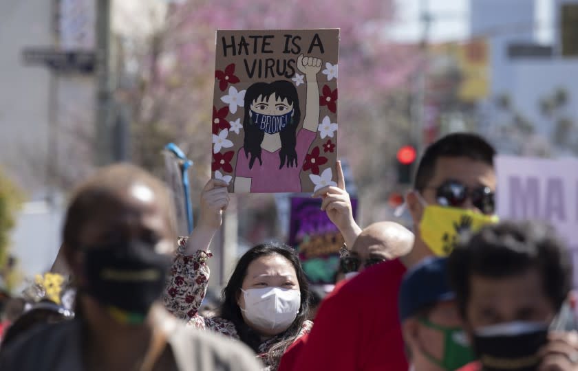 LOS ANGELES, CA - MARCH 27: A "Stop Asian Hate" rally in Koreatown on Saturday, March 27, 2021 attracted hundreds of participants. (Myung J. Chun / Los Angeles Times)