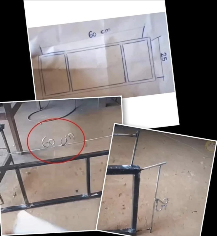 Blueprint sketch and photos of a DIY project show a steel frame with welded rods, with a red circle around a measurement reading "60 cm."