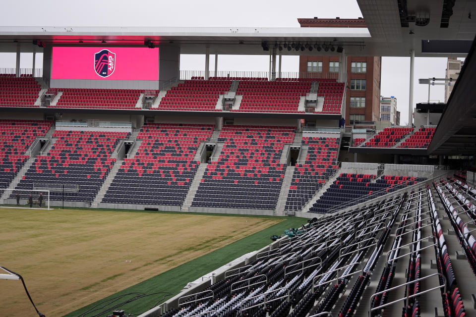 Empty seats are seen inside CityPark Stadium, Friday, Jan. 13, 2023, in St. Louis. When season tickets sales began for Major League Soccer's newest team, St. Louis City SC leaders figured they'd be a hot ticket in a city with a deep love for the sport. (AP Photo/Jeff Roberson)