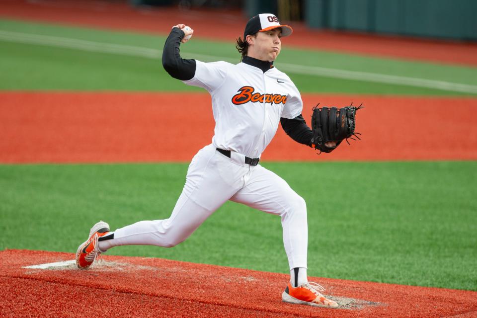 Oregon State's Aiden May (24) pitches the ball during an NCAA college baseball game at Goss Stadium on Friday, April 26, 2024, in Corvallis, Ore.