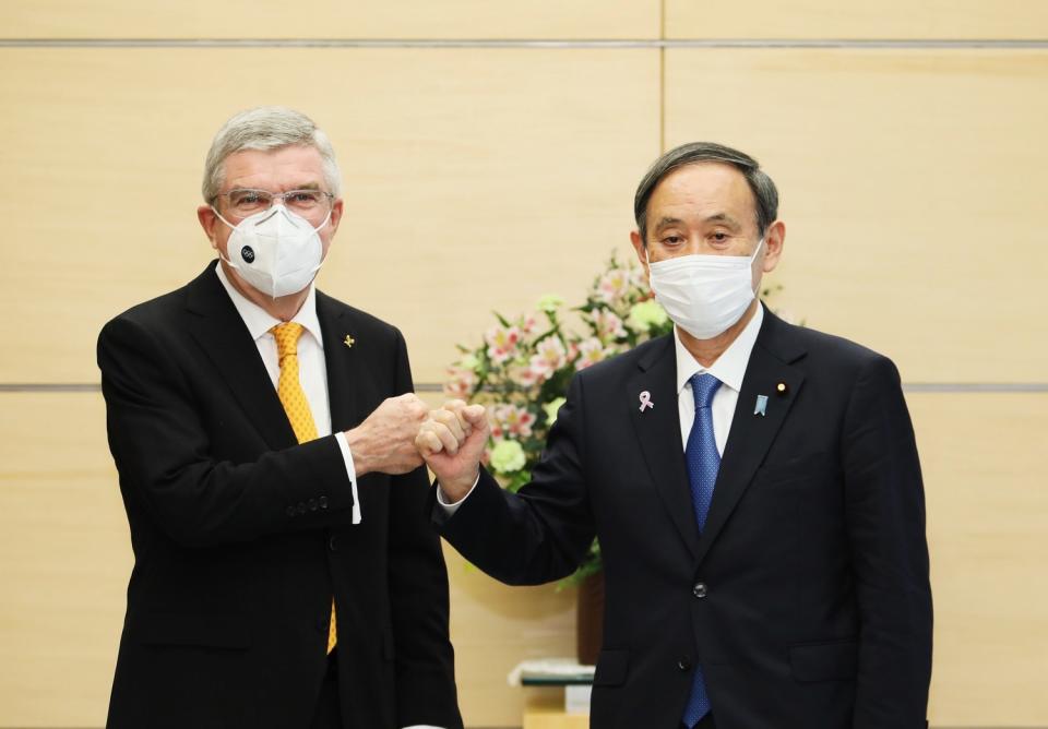 奧委會主席巴赫今（16日）上午和日本首相菅義偉會面，一展2021舉辦東京奧運決心。   圖：取自日首相官邸推特