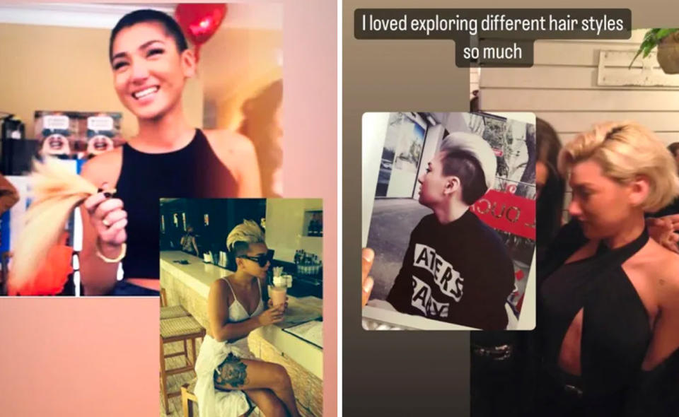 L: Screenshot of an Instagram story showing Ella with a shaved head and blonde mowhawk. R: Screenshot of Ella in a blonde bob and blonde mohawk with text reading 'I loved exploring different hair styles so much'