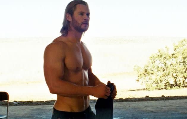 Chris Hemsworth goes shirtless in Thor: The Dark World. Source: Disney