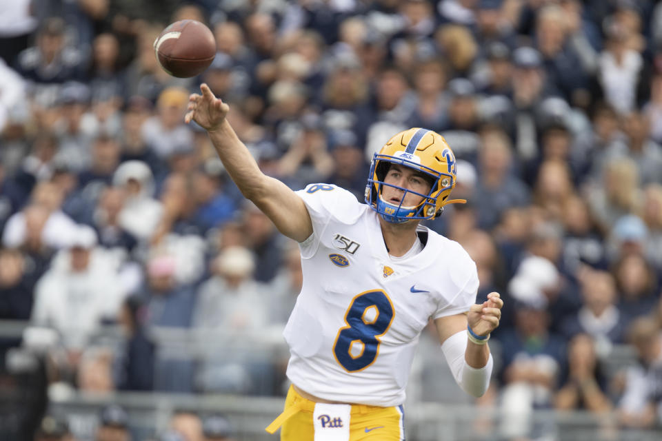 Pittsburgh quarterback Kenny Pickett (8) passes in the second quarter of an NCAA college football game against Penn State in State College, Pa., on Saturday, Sept. 14, 2019. (AP Photo/Barry Reeger)