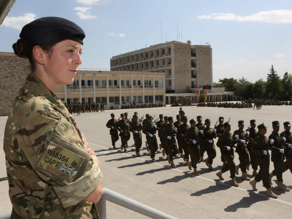 Cpt Susanna Wallis watches female Afghan officer recruits in training at the Kabul Military Training Centre (Alison Baskerville)