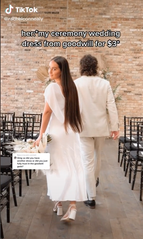 Woman in charity shop wedding dress