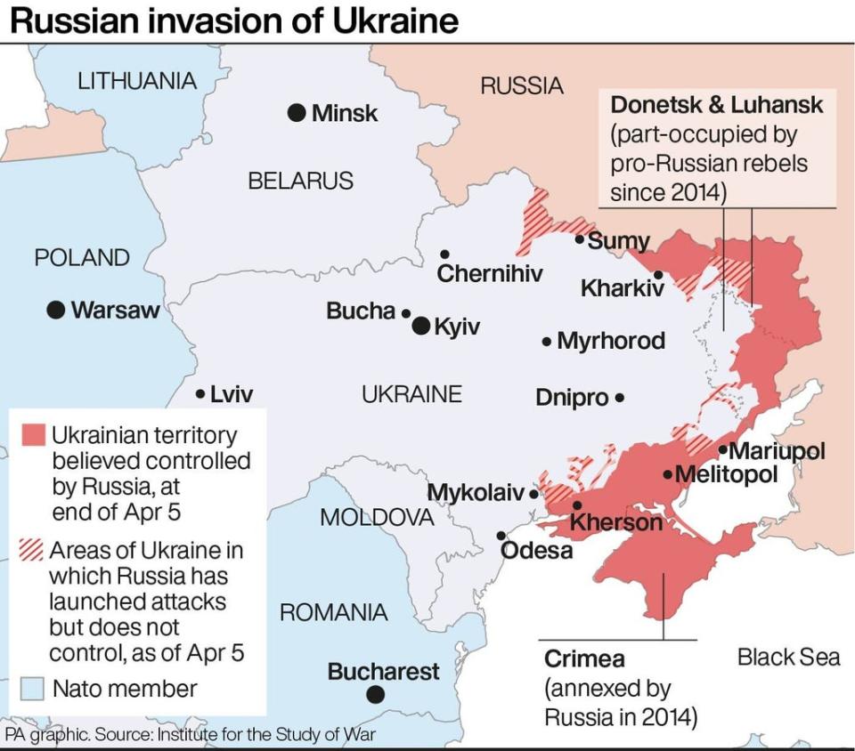 Este mapa muestra el alcance la invasión rusa de Ucrania hasta el 5 de abril (Press Association Images)