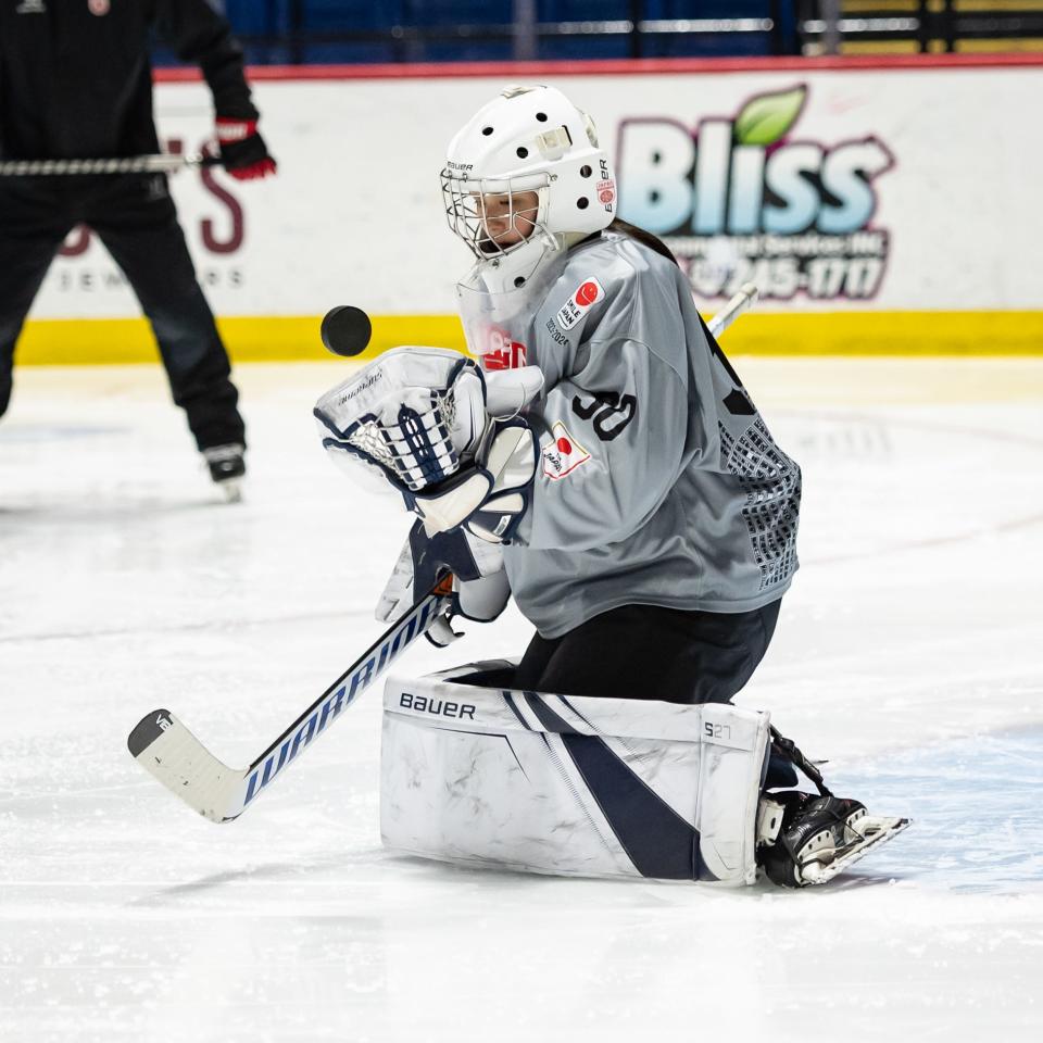 Team Japan practices at the Adirondack Bank Center in Utica Tuesday ahead of the 2024 IIHF Women's World Championship.