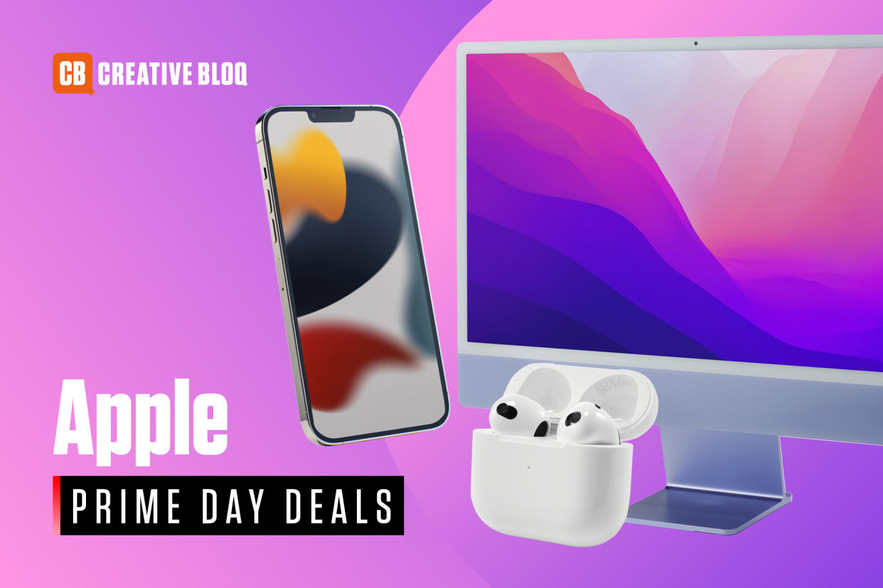  Apple Prime Day deals text with image of Apple products on a purple background. 