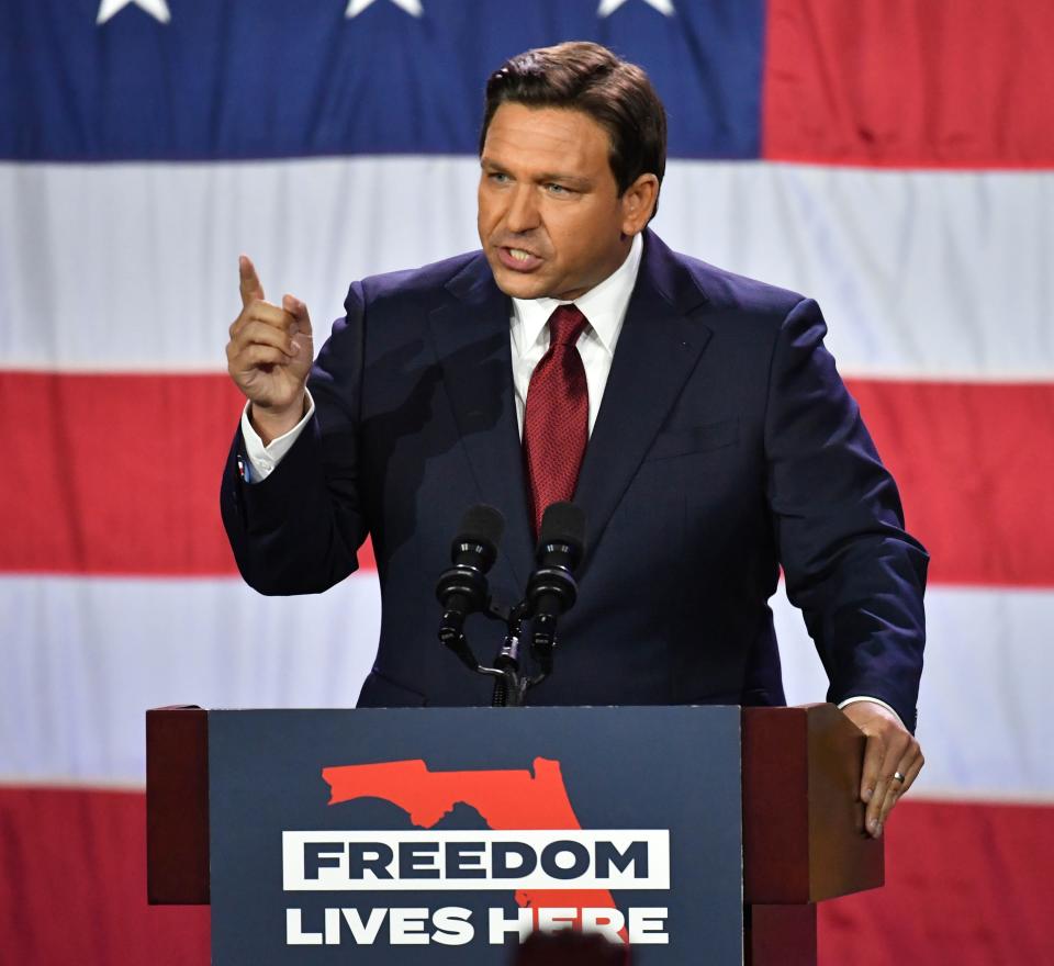 Florida Gov. Ron DeSantis delivers his victory speech on Nov. 8, 2022, in Tampa.
