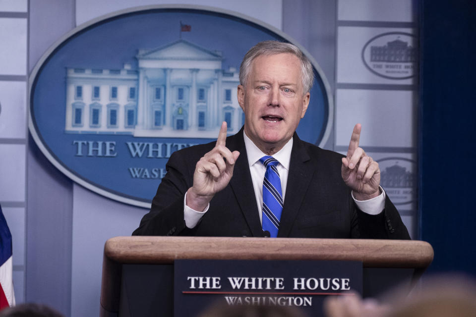 White House Chief of Staff Mark Meadows speaks during a press briefing in the James Brady Press Briefing Room at the White House, Friday, July 31, 2020, in Washington. (AP Photo/Alex Brandon)