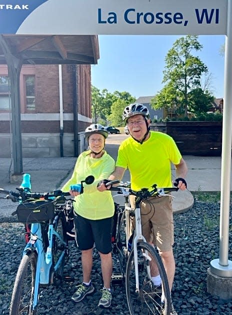 Sonja and John Gurda begin their bike trip across Wisconsin in La Crosse.