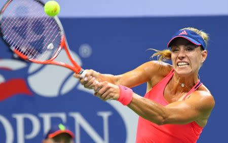 Sept 8, 2016; New York, NY, USA; Angelique Kerber of Germany plays against Caroline Wozniacki of Denmark on day eleven of the 2016 U.S. Open tennis tournament at USTA Billie Jean King National Tennis Center. Robert Deutsch-USA TODAY Sports