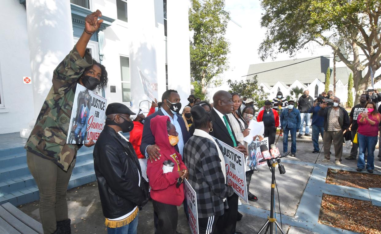 Civil rights attorneys Benjamin Crump, Natalie Jackson, and other speakers, including family members of the deceased, gave a press conference on Thursday in front of the Historic Titusville Courthouse, suggesting that the fatal shooting of James Lowery by police in December was a case of mistaken identity. They were demanding more information about the events of that night. 