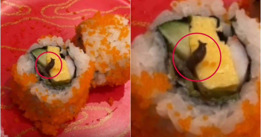女網友用餐時，發現最後壽司上面有蛞蝓。（圖／翻攝自「爆料公社」）