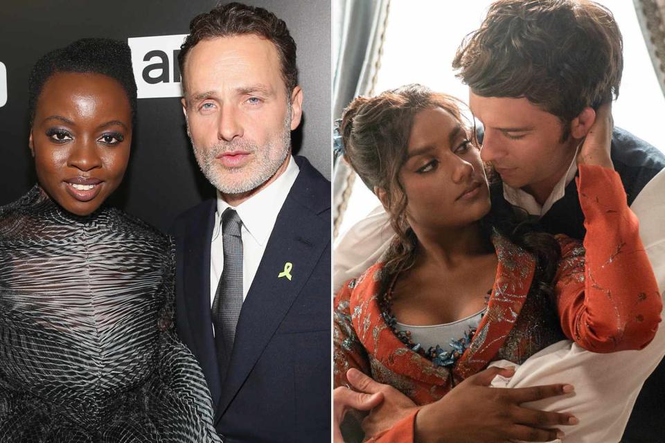 <p>Jesse Grant/Getty; Liam Daniel/Netflix</p> Danai Gurira and Andrew Lincoln (left) and Simone Ashley and Jonathan Bailey in 